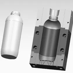 Ark CNC İstanbul tesisinde üretilen, kozmetik veya ilaç şişeleri için kullanılan şeffaf plastik blow molding (şişirme) kalıbının iç yapısı, cavity (boşluk) detayı ve oluşan şişe numunesinin teknik gösterimi.