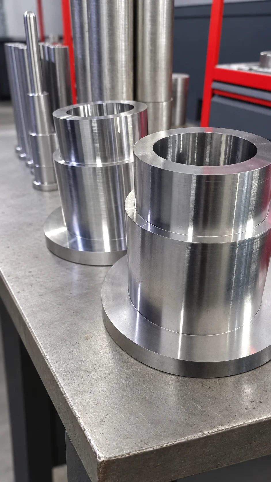 Geniş merkez delikleri, kademeli gövdeleri ve taban flanşları bulunan iki CNC işlenmiş metal parça