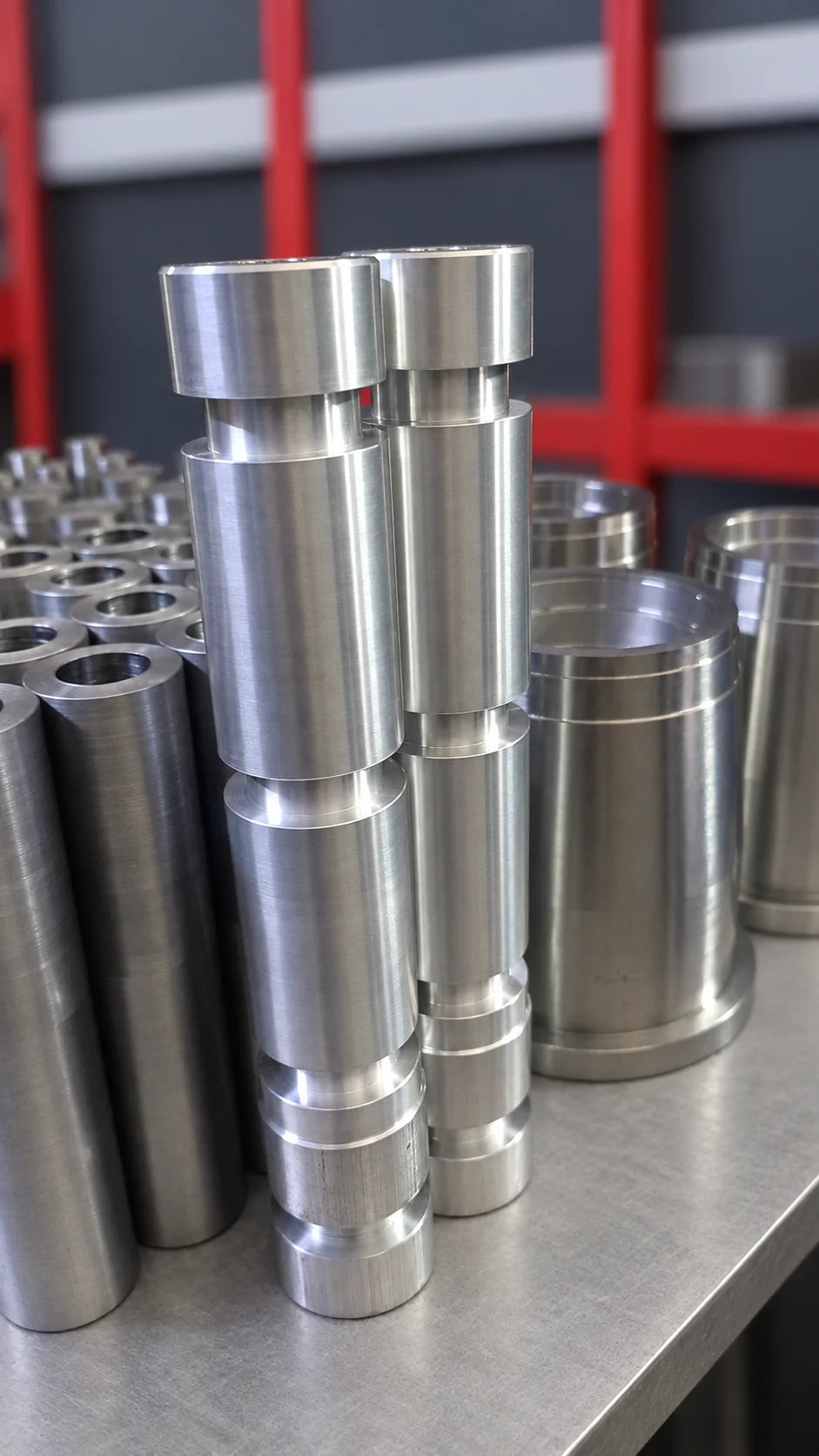 Farklı çaplarda kademeleri ve çevresel kanalları bulunan iki CNC torna işlenmiş metal mil