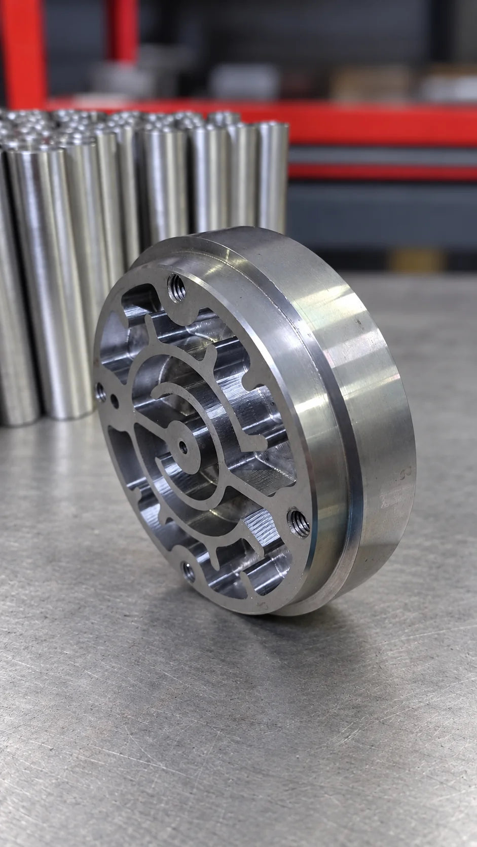 Radyal cepleri, merkez deliği ve dişli bağlantı delikleri bulunan dairesel CNC freze işlenmiş metal parça