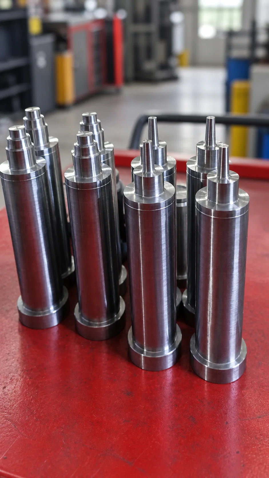 Kademeli uçlara ve taban flanşlarına sahip, CNC torna ile işlenmiş silindirik metal miller